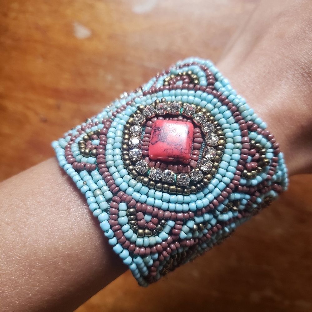 Turquoise & Red Beaded Statement Ethnic Cloth Vintage Antique Bracelet